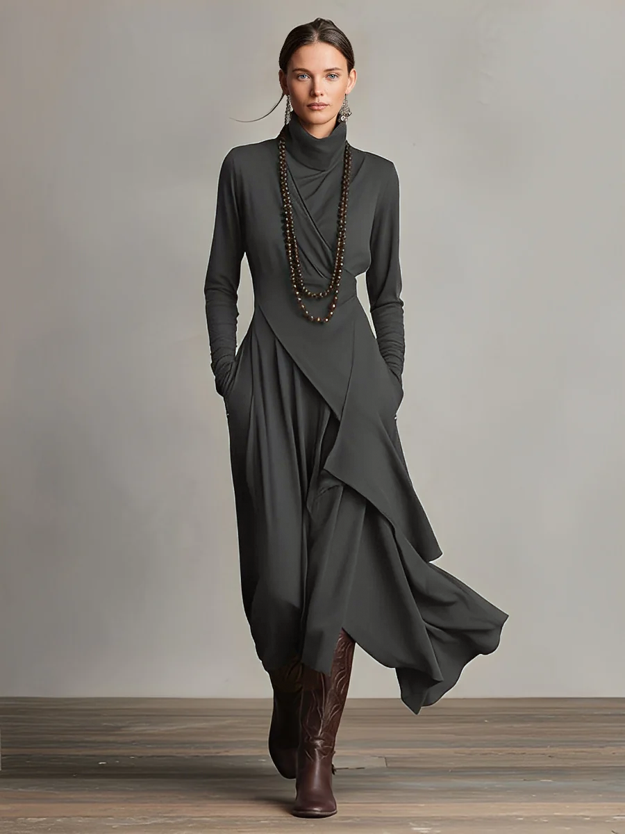 Boho Maxi Dress Women Turtleneck Asymmetric Draped Maxi Dress