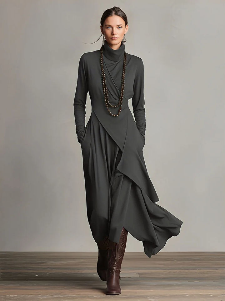 Boho Maxi Dress Women Turtleneck Asymmetric Draped Maxi Dress