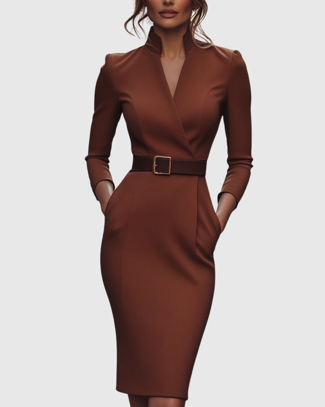Pencil Midi Dress Women Belted Mock Wrap Pockets