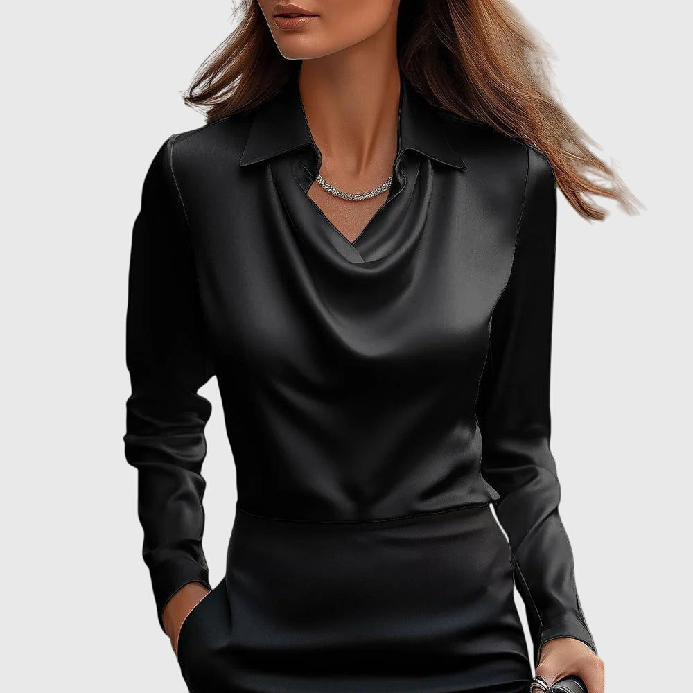 Satin Blouse Women Pleated Neck Flowing Elegant Chic