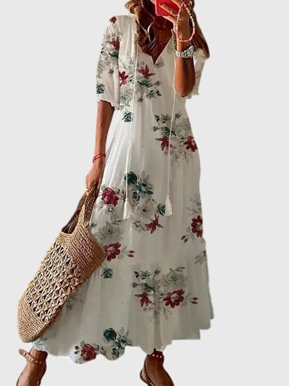 Boho Vintage Dress Women V-Neck Floral Breezy Summer