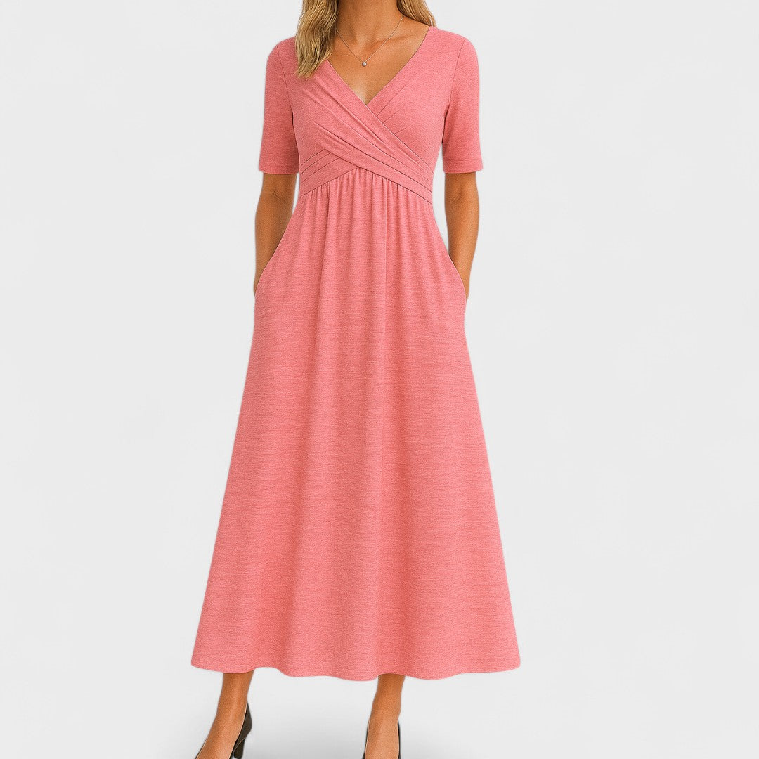 Wrap Midi Dress Women V-Neck Pleated Pockets Elbow Sleeve