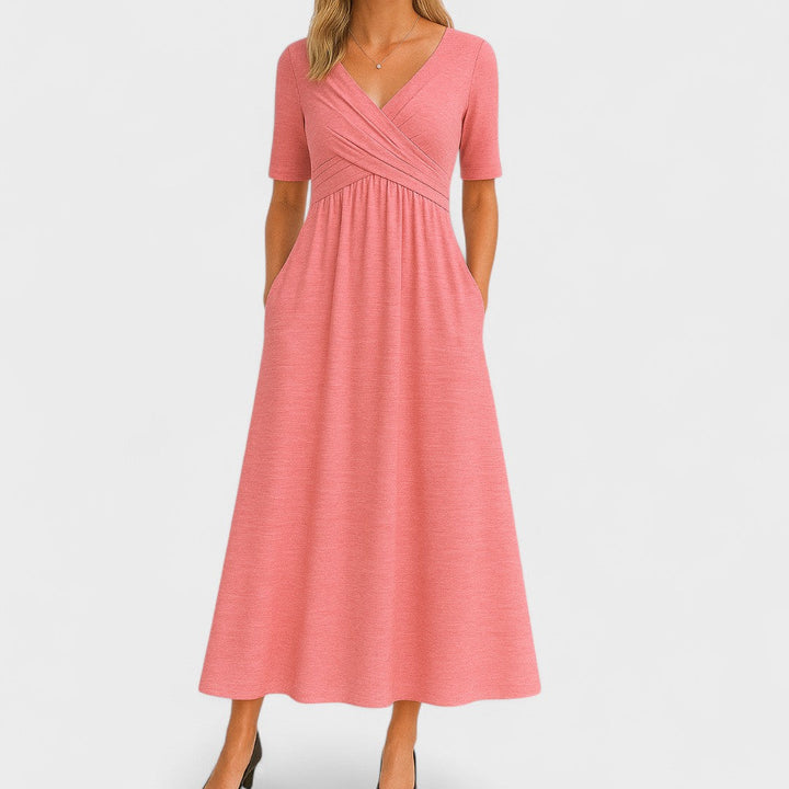 Wrap Midi Dress Women V-Neck Pleated Pockets Elbow Sleeve