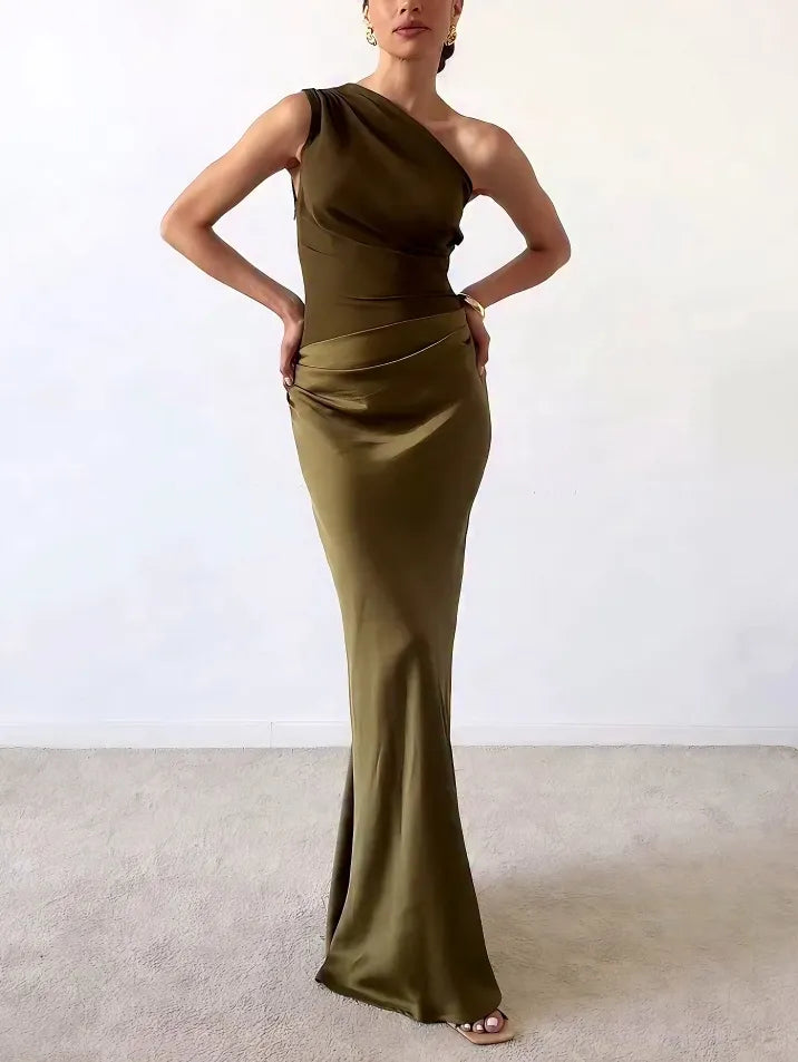 Satin Maxi Dress Women One Shoulder Patchwork Evening Party Brown