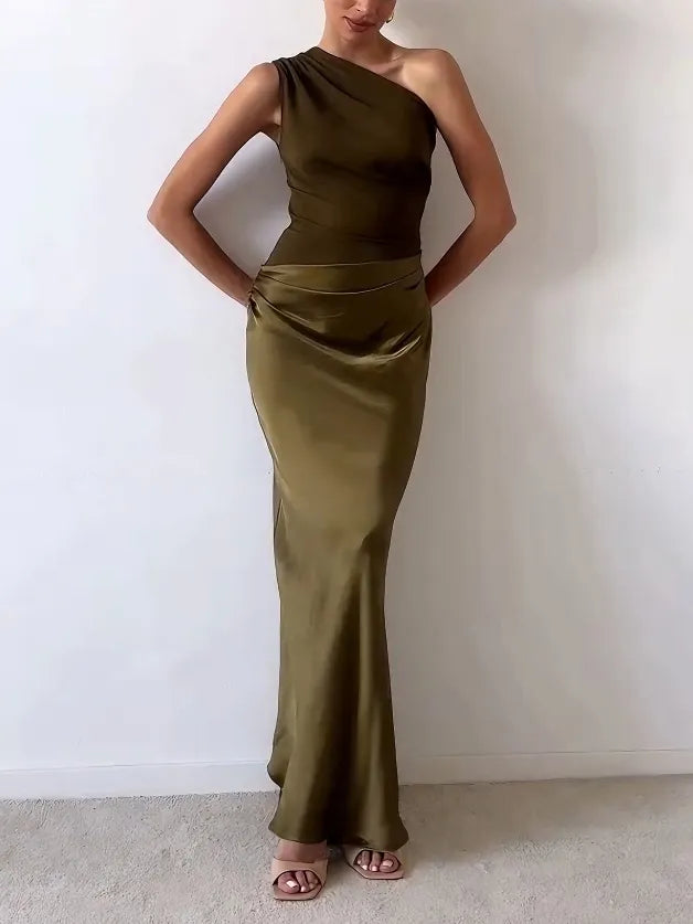 Satin Maxi Dress Women One Shoulder Patchwork Evening Party Brown