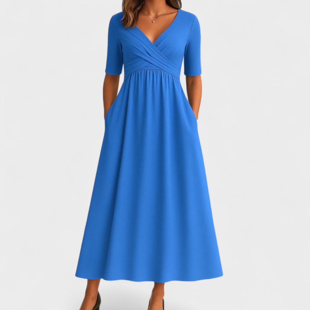 Wrap Midi Dress Women V-Neck Pleated Pockets Elbow Sleeve