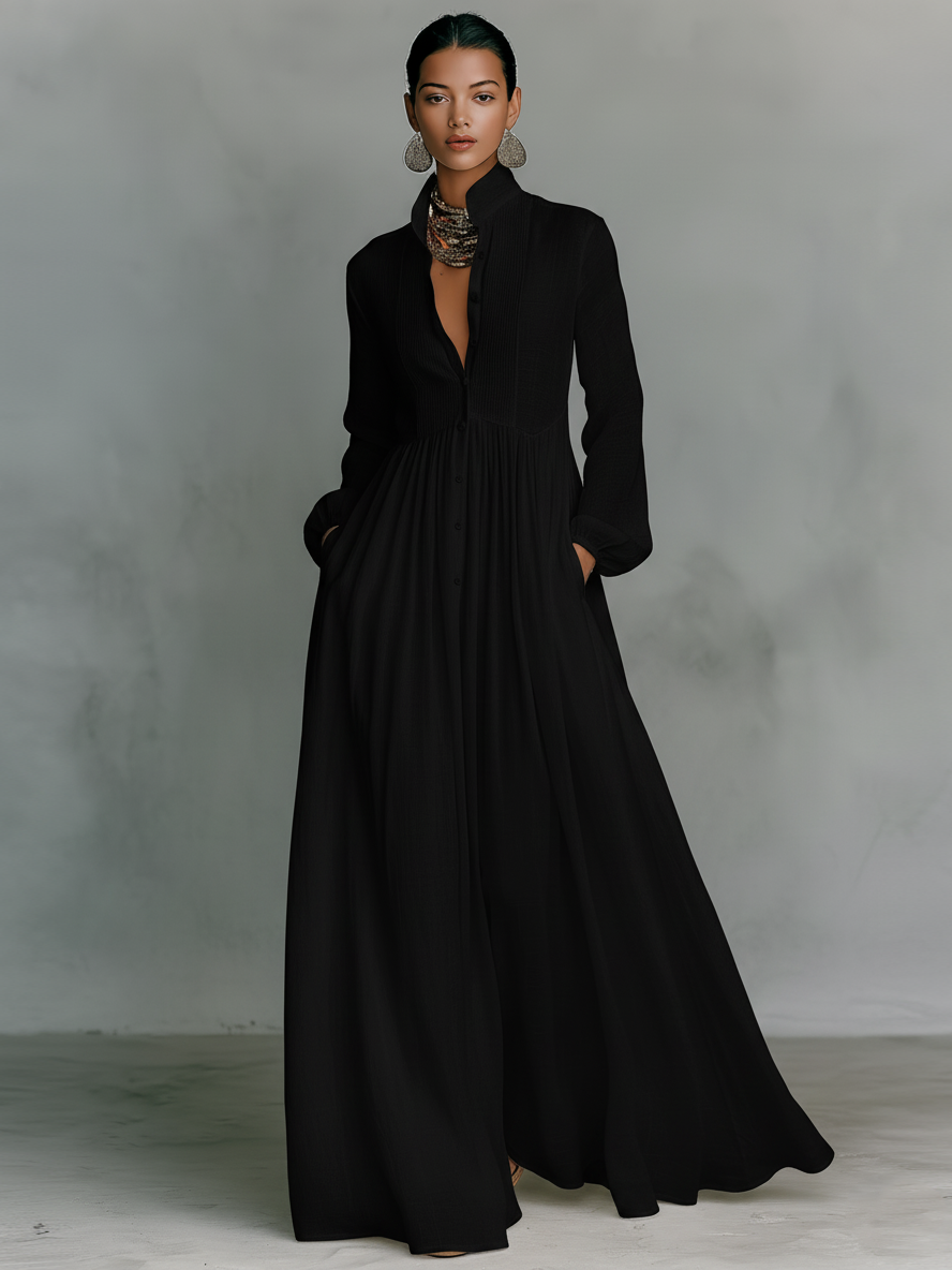 Linen Maxi Dress Women Stand Collar Patchwork Relaxed