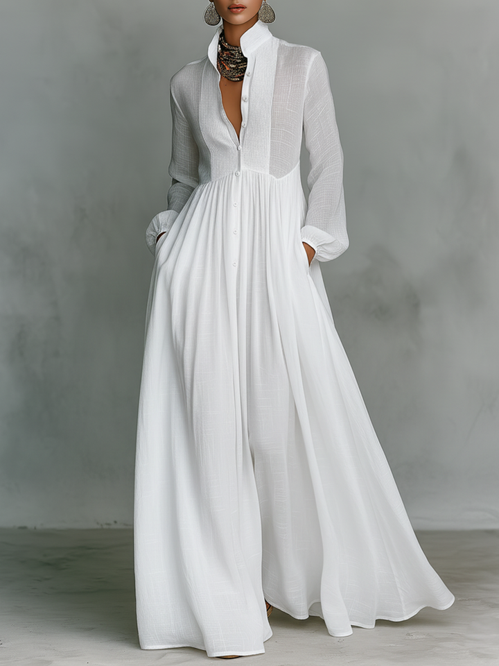 Linen Maxi Dress Women Stand Collar Patchwork Relaxed