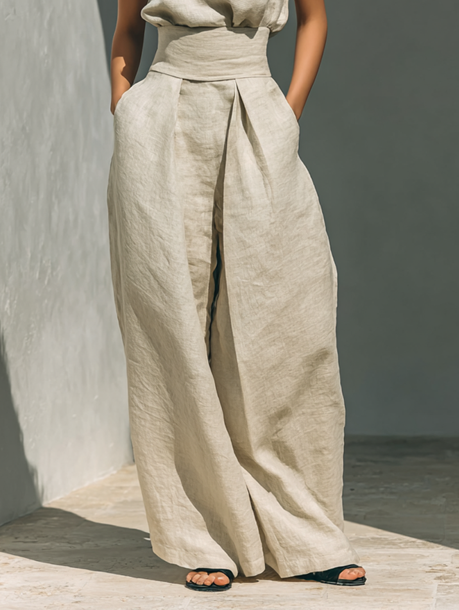 Linen Two-Piece Set Women Sleeveless Blouse Wide Leg
