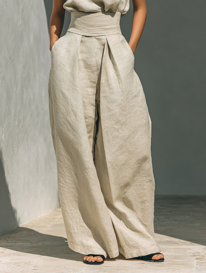 Linen Two-Piece Set Women Sleeveless Blouse Wide Leg