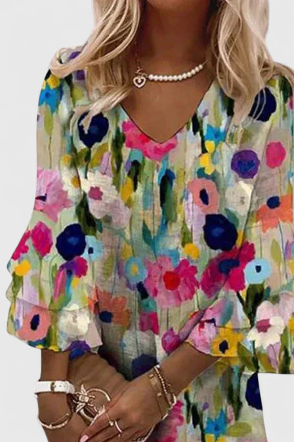 Floral Mini Dress Women V-Neck Elegant Comfortable