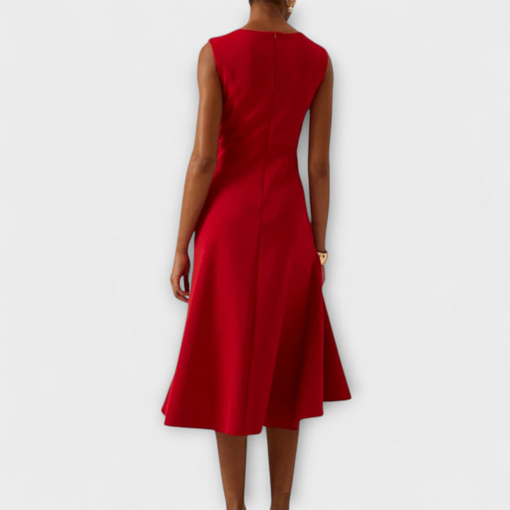 A-Line Midi Dress Women Boat Neck Ruffle Asymmetric Sleeveless