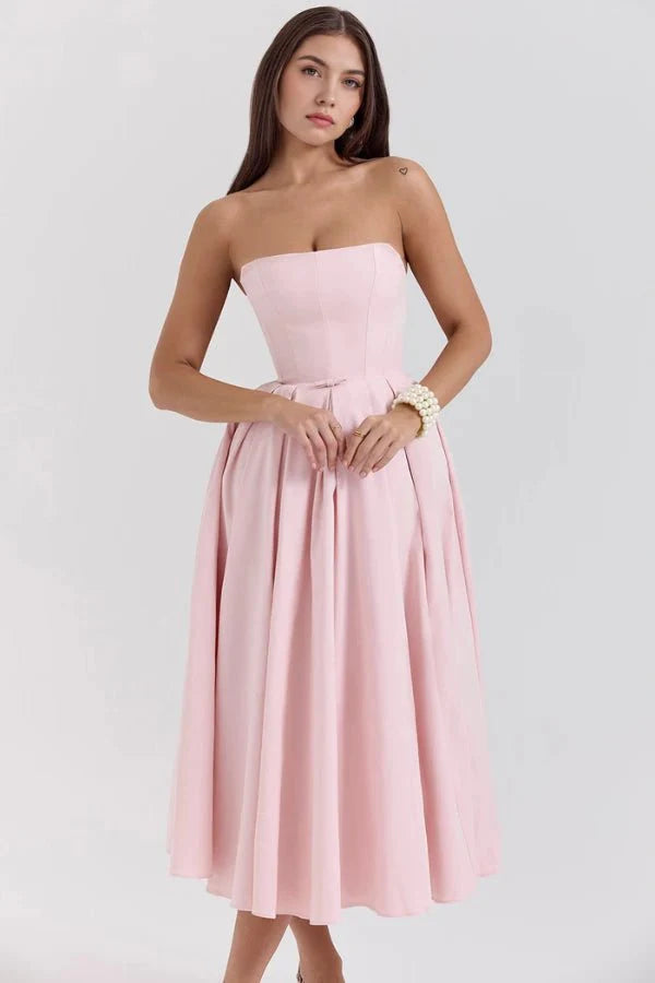 Strapless Corset Midi Dress Pleated Skirt