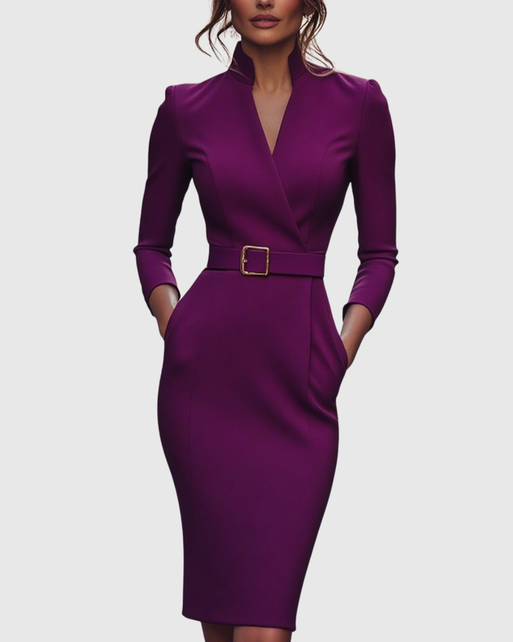 Pencil Midi Dress Women Belted Mock Wrap Pockets
