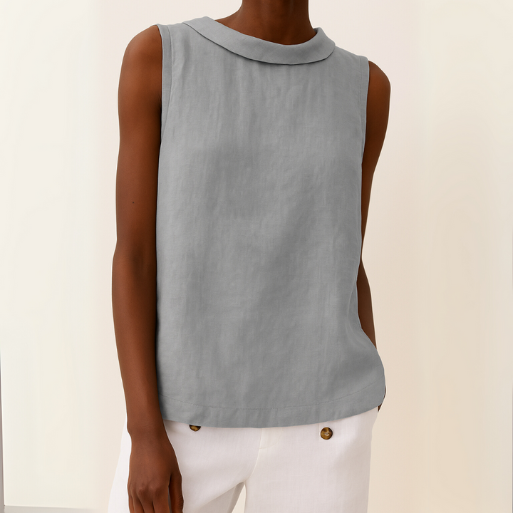 Sleeveless Cotton Shirt Women Solid Collar Basic Top Summer Blue