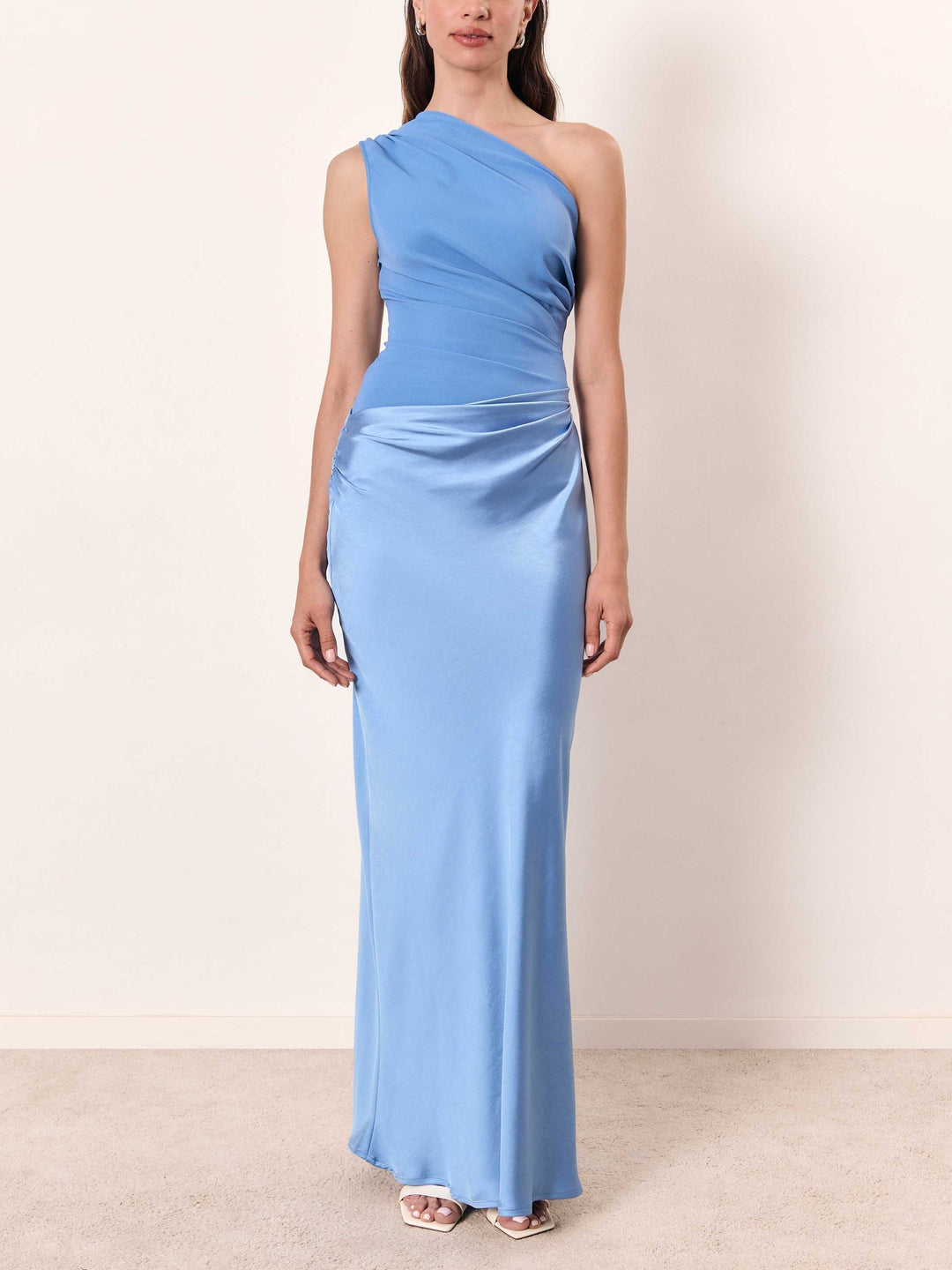 Satin Maxi Dress Women One Shoulder Patchwork Evening Party Brown