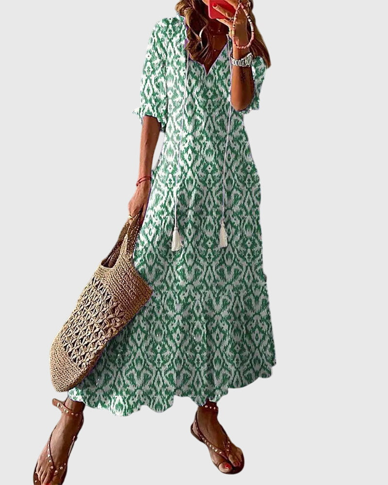 Boho Vintage Dress Women V-Neck Floral Breezy Summer