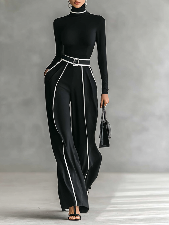 Two-Piece Set Women Turtleneck White Trim Belted Wide Leg