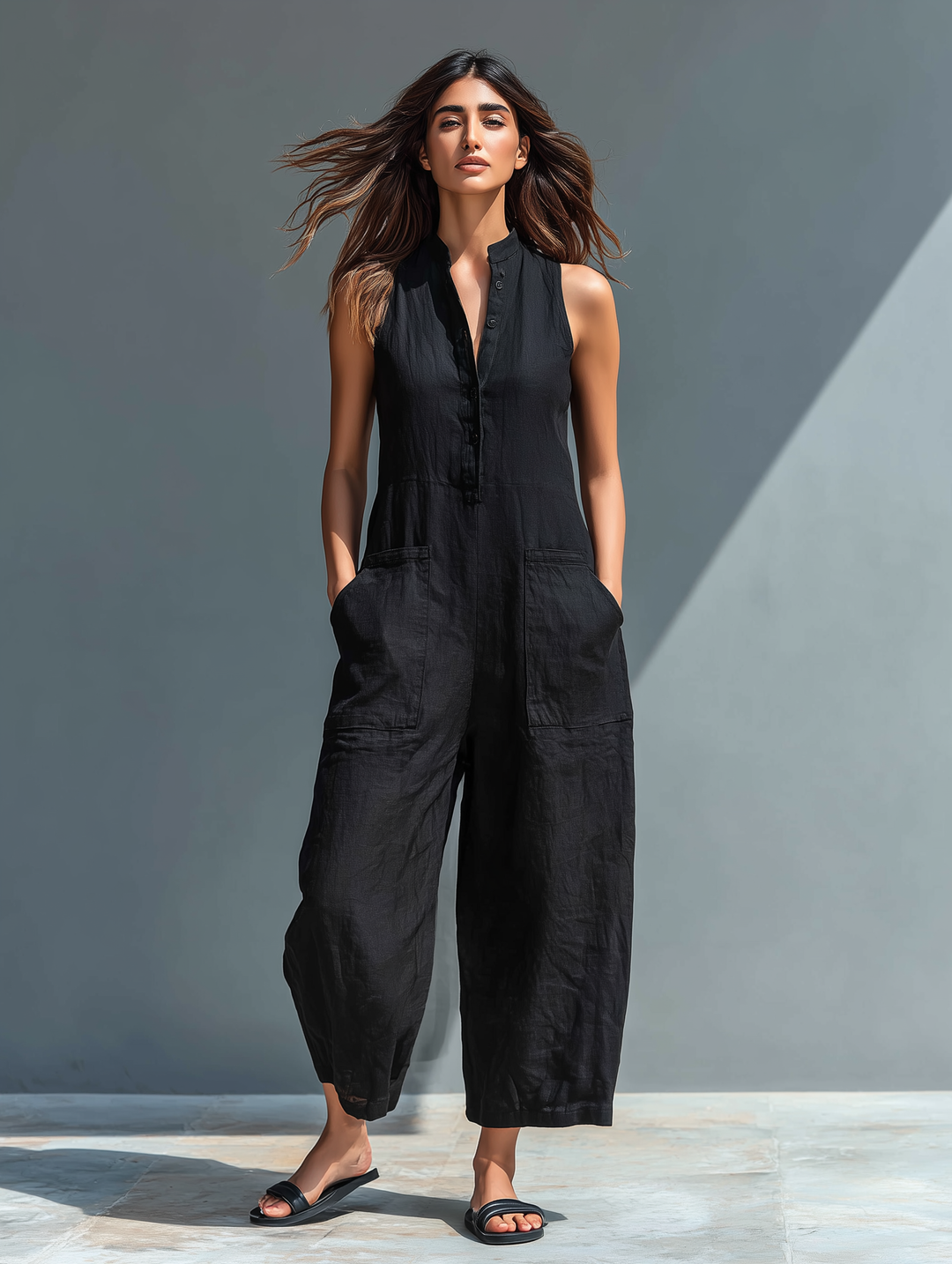 Linen Jumpsuit Women Sleeveless Stand Collar Loose