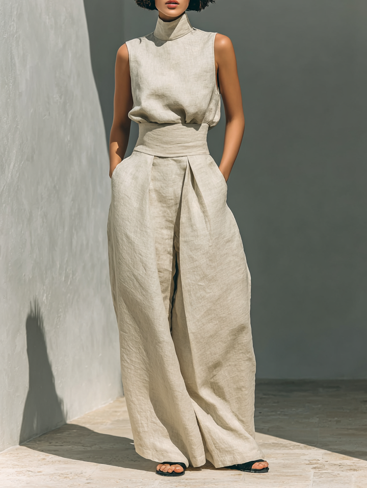 Linen Two-Piece Set Women Sleeveless Blouse Wide Leg