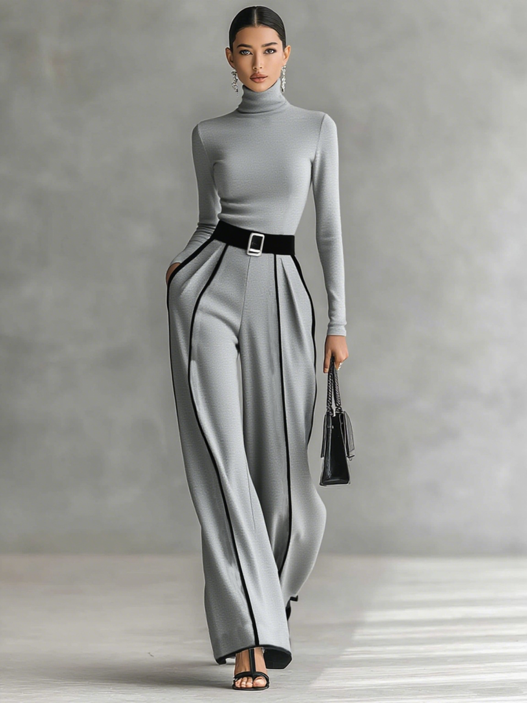 Two-Piece Set Women Turtleneck White Trim Belted Wide Leg