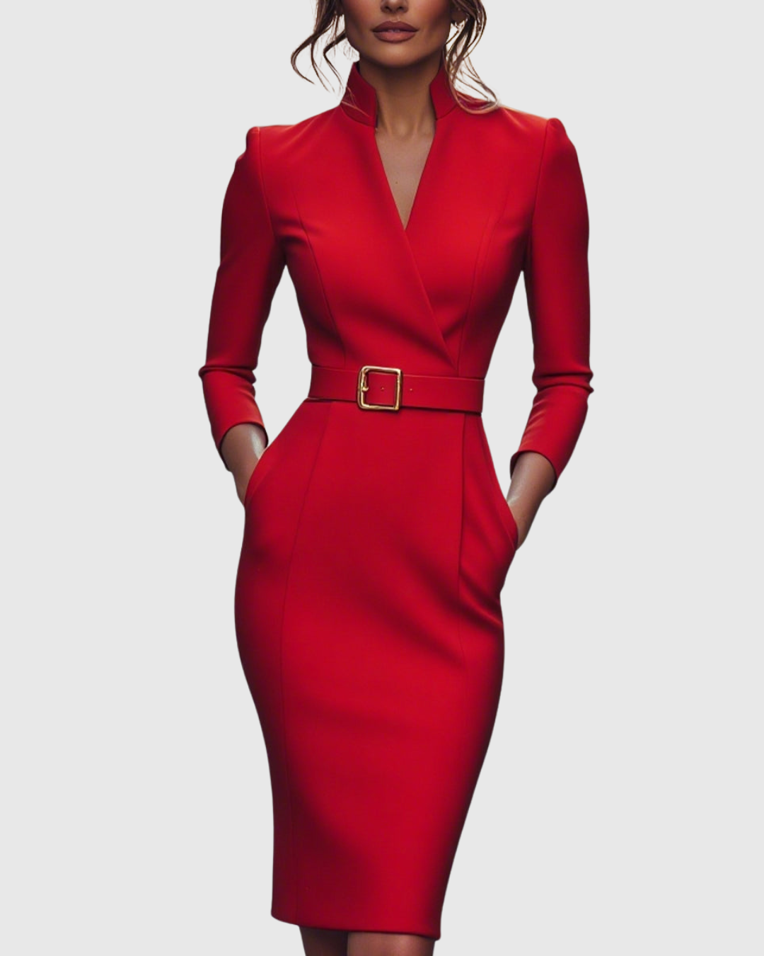 Pencil Midi Dress Women Belted Mock Wrap Pockets