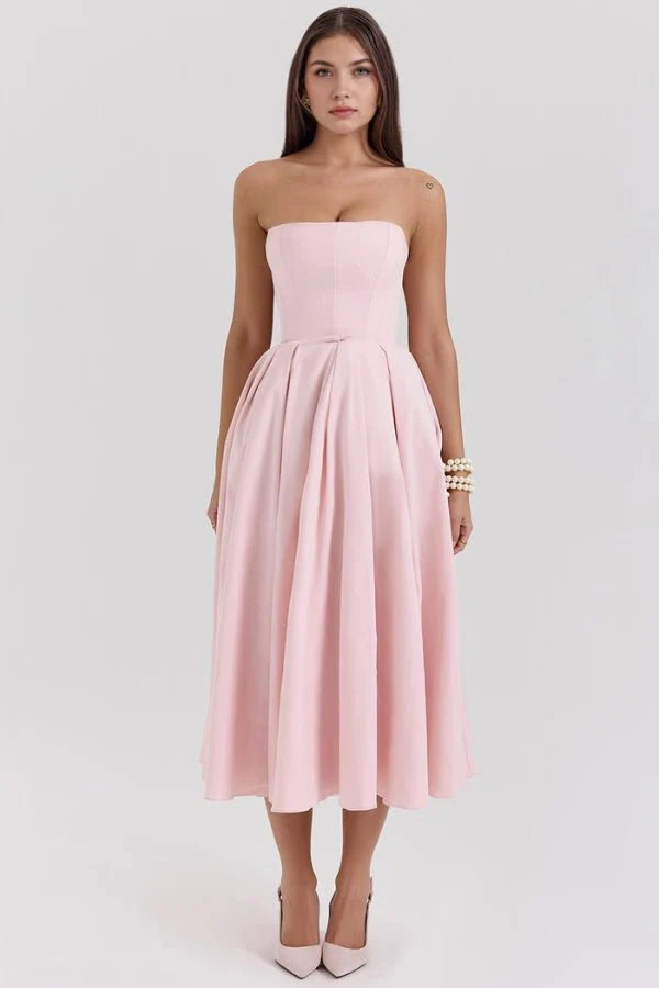 Strapless Corset Midi Dress Pleated Skirt