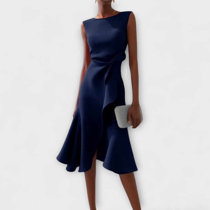 A-Line Midi Dress Women Boat Neck Ruffle Asymmetric Sleeveless