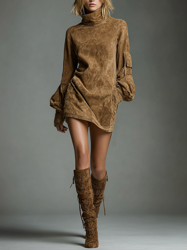 Suede Mini Dress Women Turtleneck Loose Vintage Winter