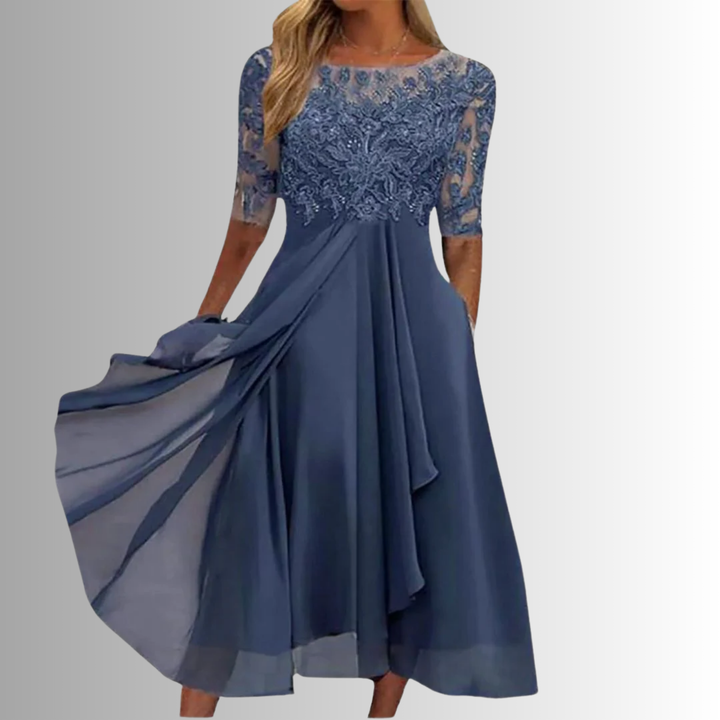 A-Line Lace Chiffon Hi-Low Dress Women Bateau Half Sleeve