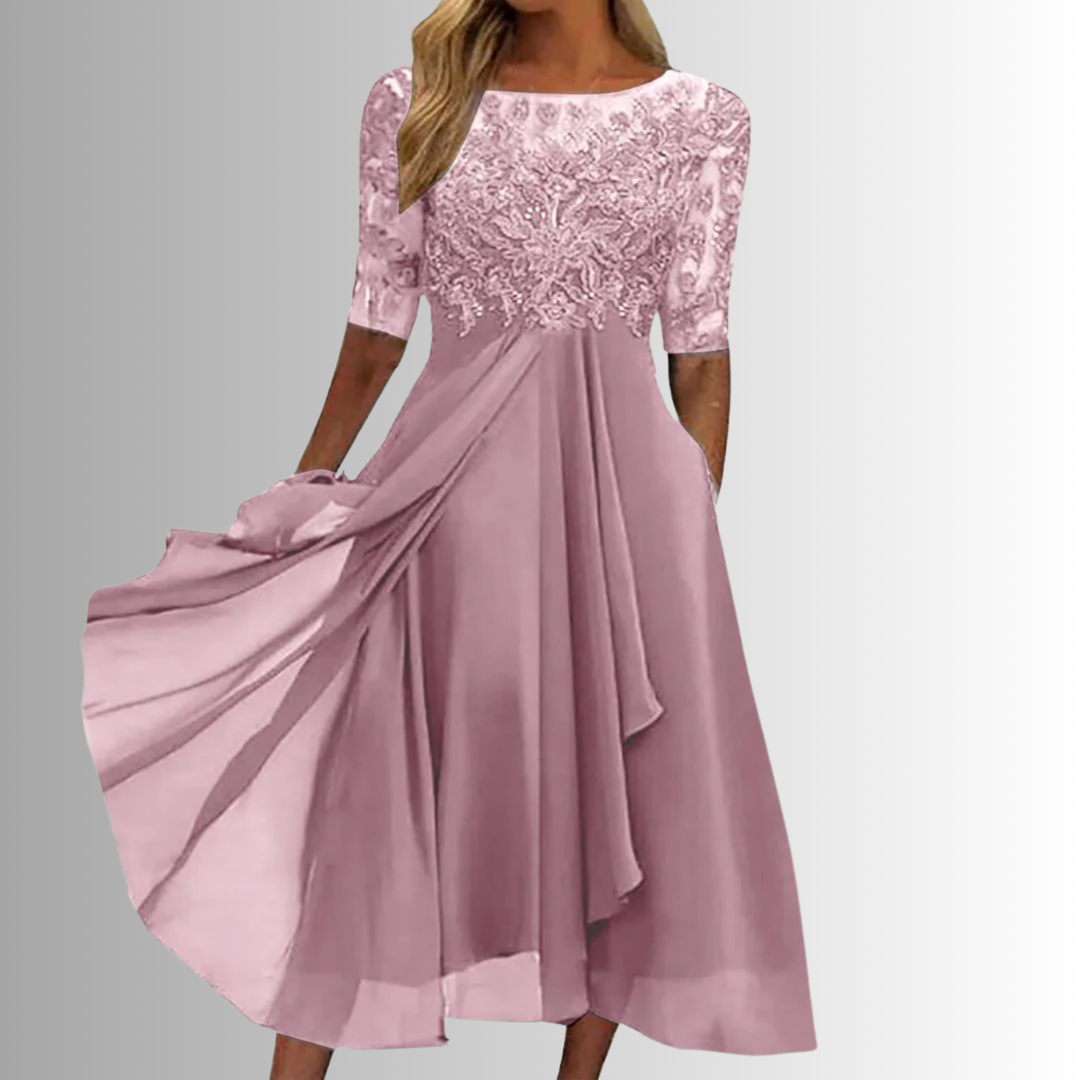 A-Line Lace Chiffon Hi-Low Dress Women Bateau Half Sleeve