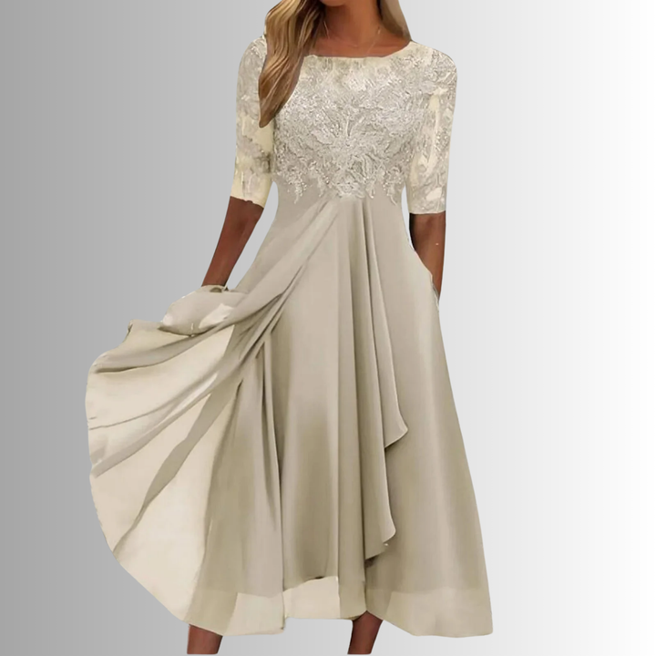 A-Line Lace Chiffon Hi-Low Dress Women Bateau Half Sleeve