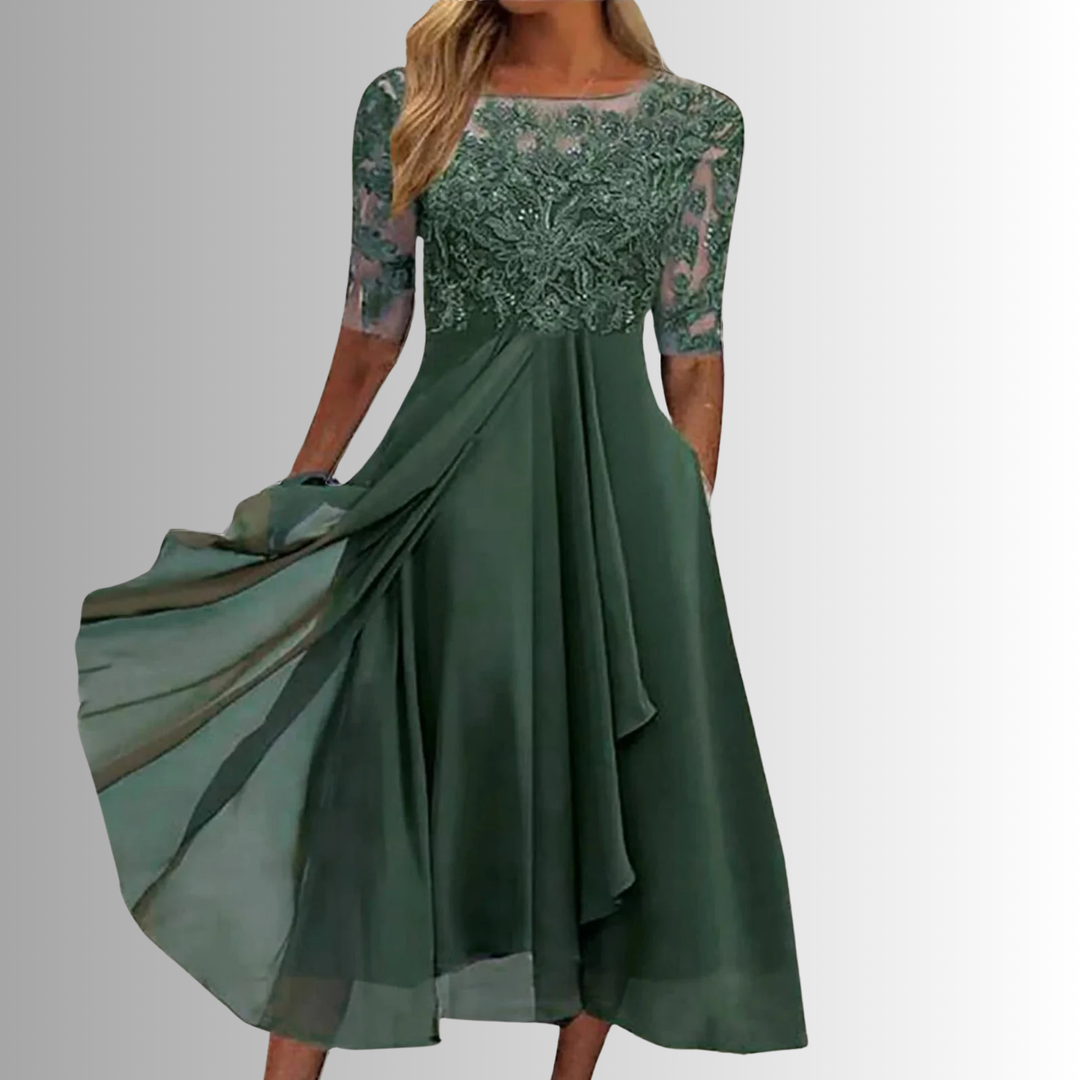 A-Line Lace Chiffon Hi-Low Dress Women Bateau Half Sleeve