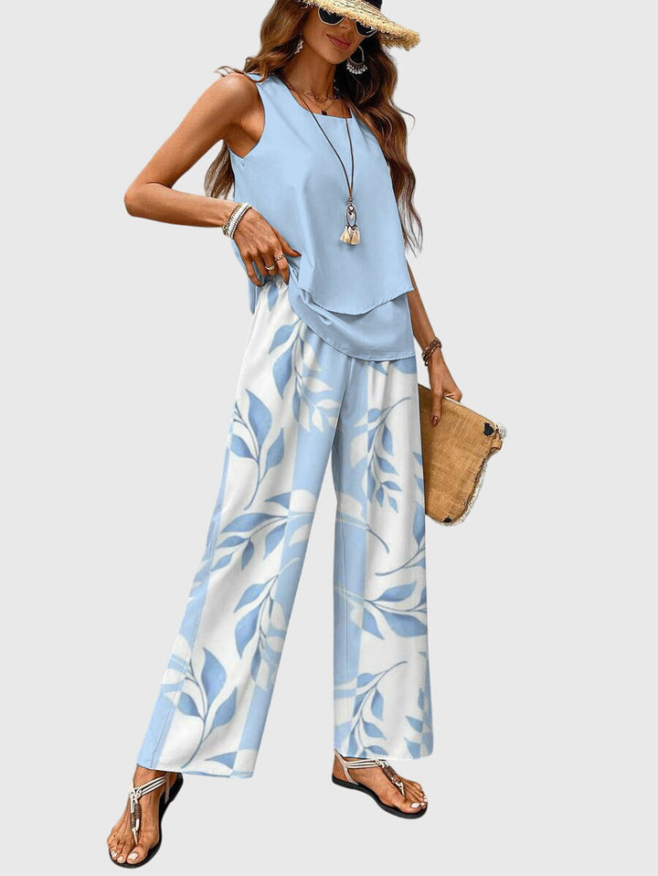 2-Piece Summer Set Women Square Neck Plant Print Loose