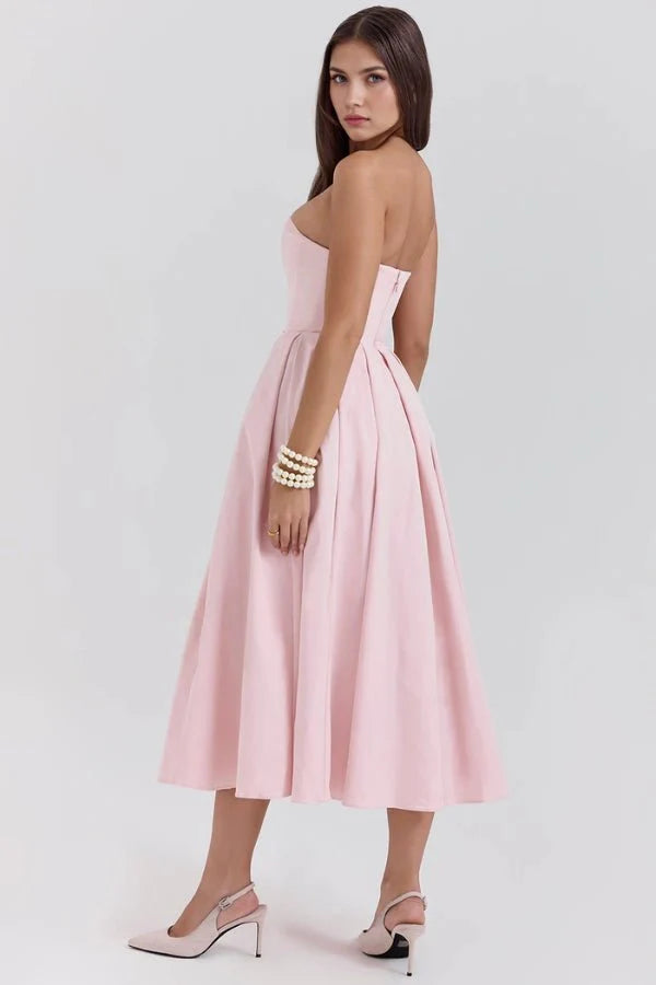 Strapless Corset Midi Dress Pleated Skirt