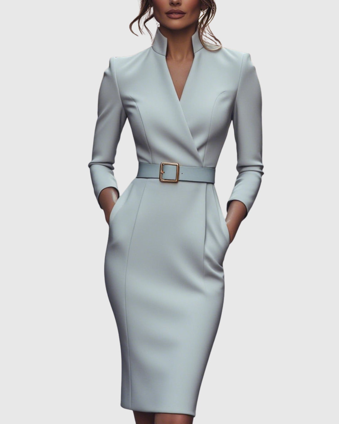 Pencil Midi Dress Women Belted Mock Wrap Pockets