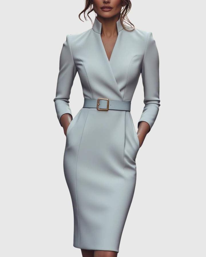 Pencil Midi Dress Women Belted Mock Wrap Pockets