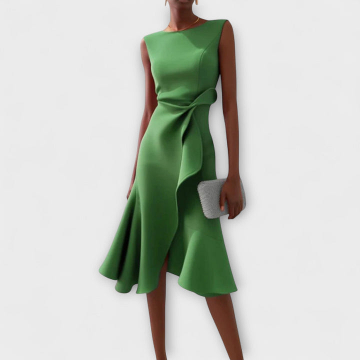 A-Line Midi Dress Women Boat Neck Ruffle Asymmetric Sleeveless