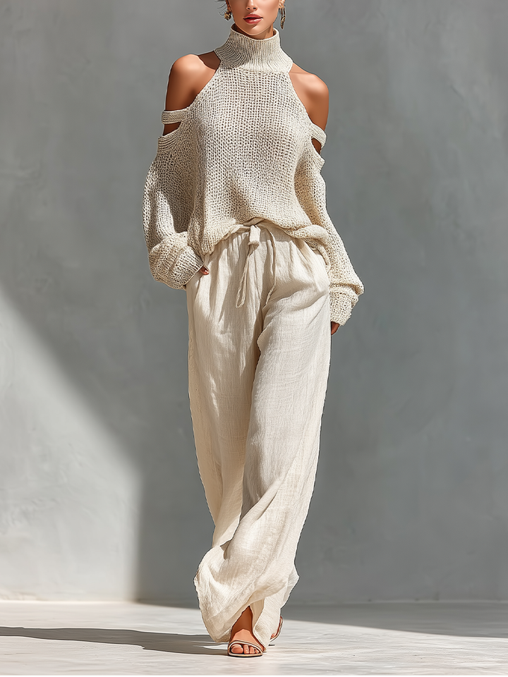 Knit Two-Piece Set Women Cold Shoulder Turtleneck Beige