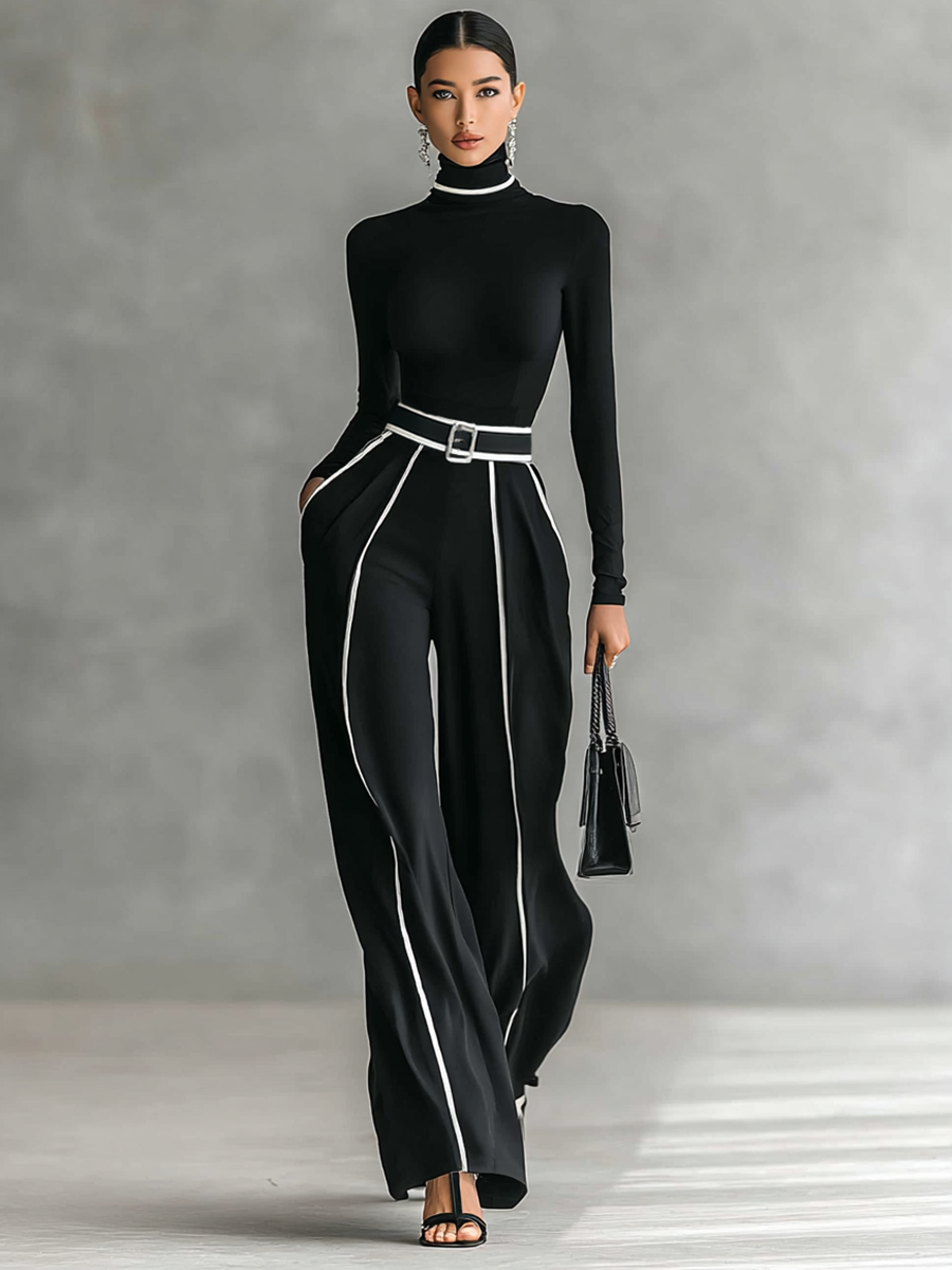 Two-Piece Set Women Turtleneck White Trim Belted Wide Leg