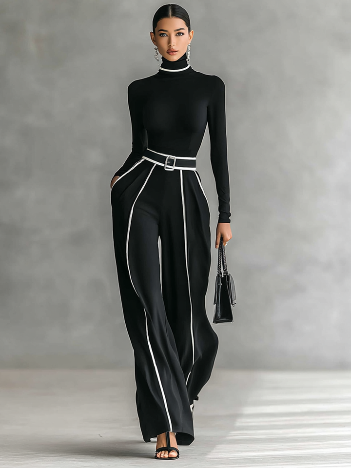 Two-Piece Set Women Turtleneck White Trim Belted Wide Leg