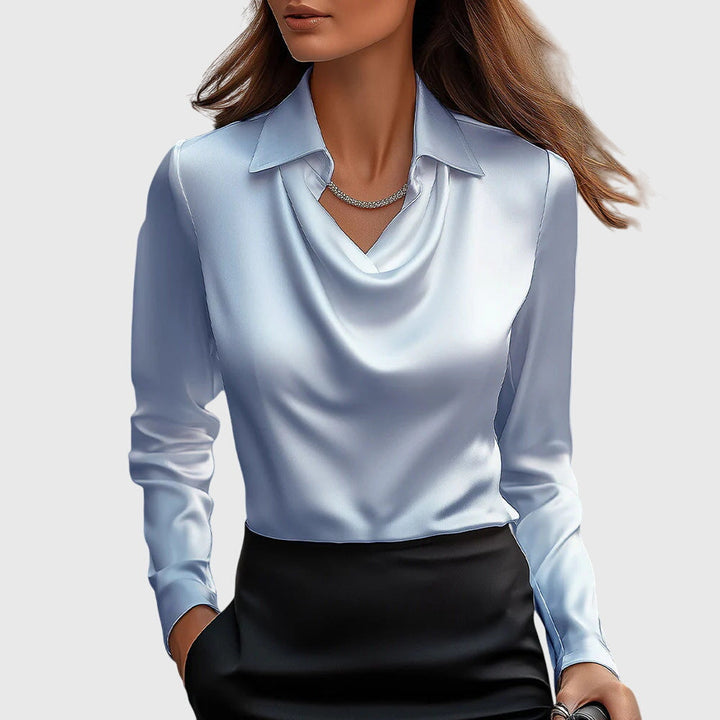 Satin Blouse Women Pleated Neck Flowing Elegant Chic
