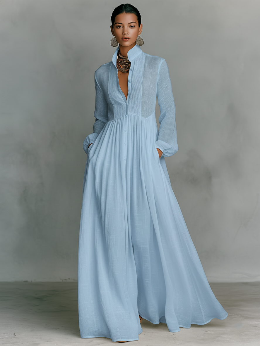 Linen Maxi Dress Women Stand Collar Patchwork Relaxed