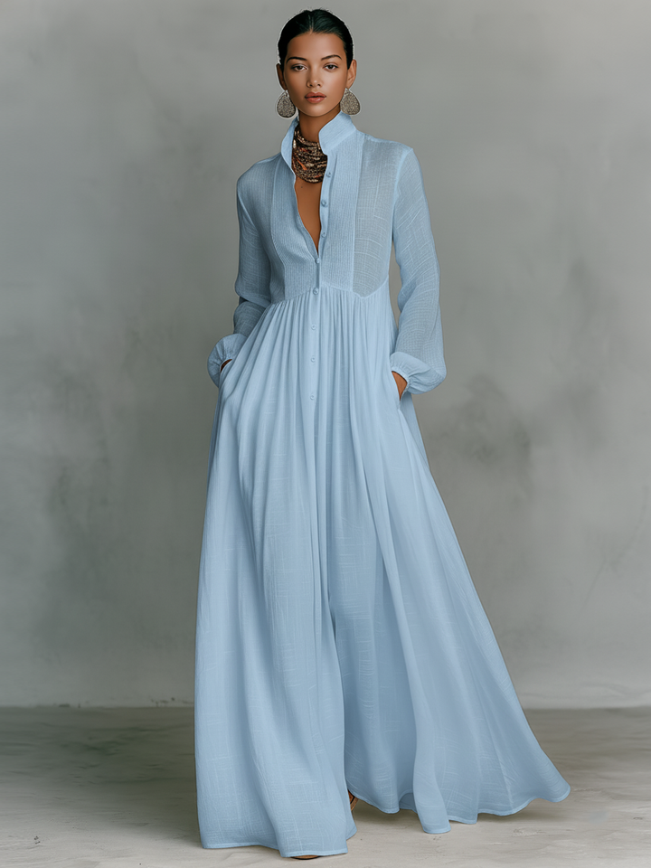 Linen Maxi Dress Women Stand Collar Patchwork Relaxed
