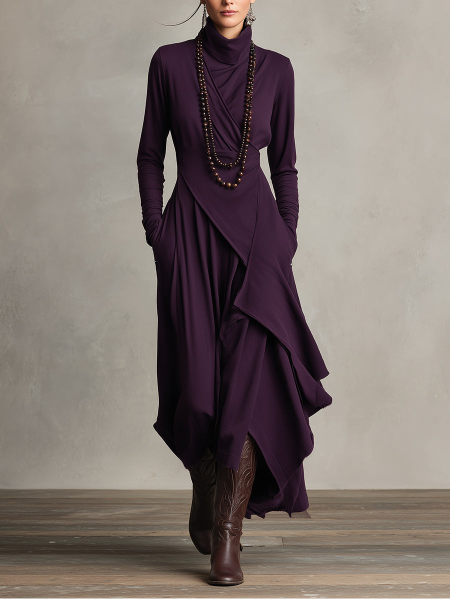Boho Maxi Dress Women Turtleneck Asymmetric Draped Maxi Dress