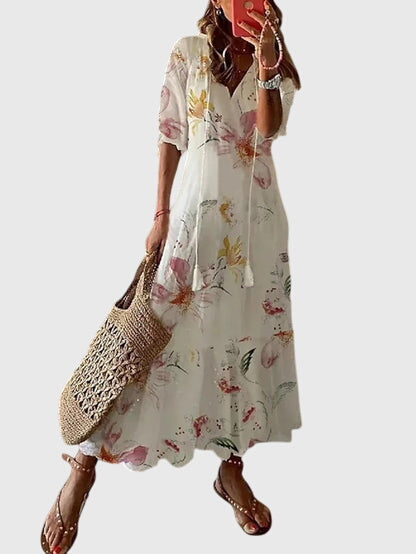Boho Vintage Dress Women V-Neck Floral Breezy Summer