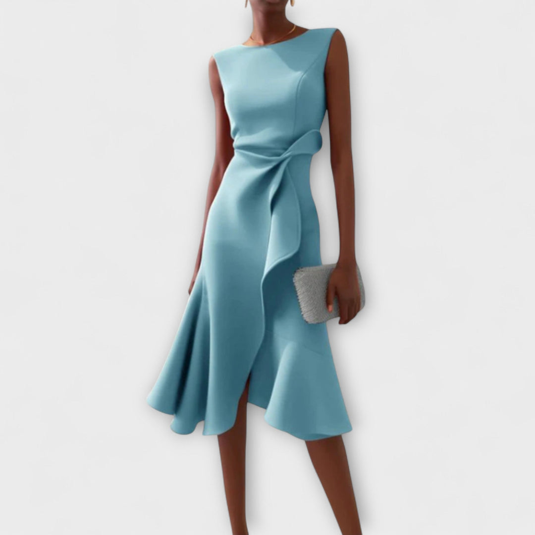 A-Line Midi Dress Women Boat Neck Ruffle Asymmetric Sleeveless