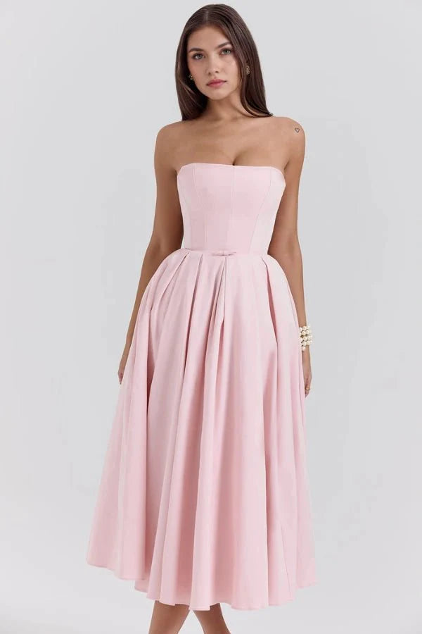 Strapless Corset Midi Dress Pleated Skirt