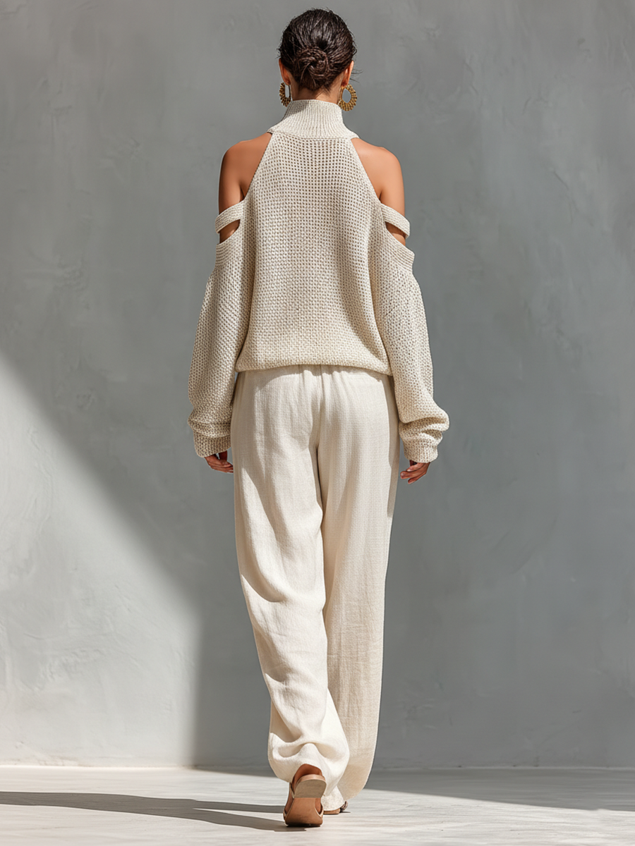 Knit Two-Piece Set Women Cold Shoulder Turtleneck Beige