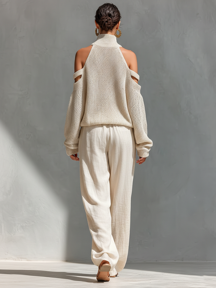 Knit Two-Piece Set Women Cold Shoulder Turtleneck Beige